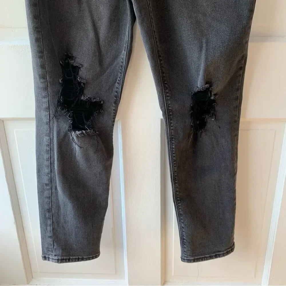 American Eagle Jeans 8 Mom High Rise Straight Leg Stretch Distressed Ripped Grey